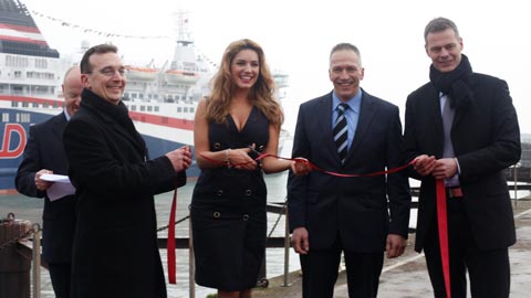 DFDS Kelly Brook cutting ribbon